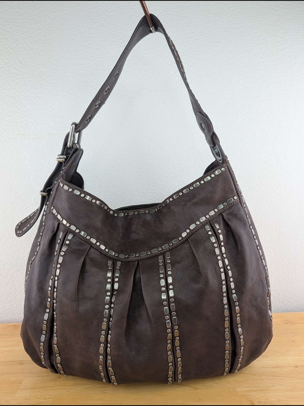 Lockheart Dark Brown Leather Hobo Shoulder Bag Slouchy Studded Pleated Detail